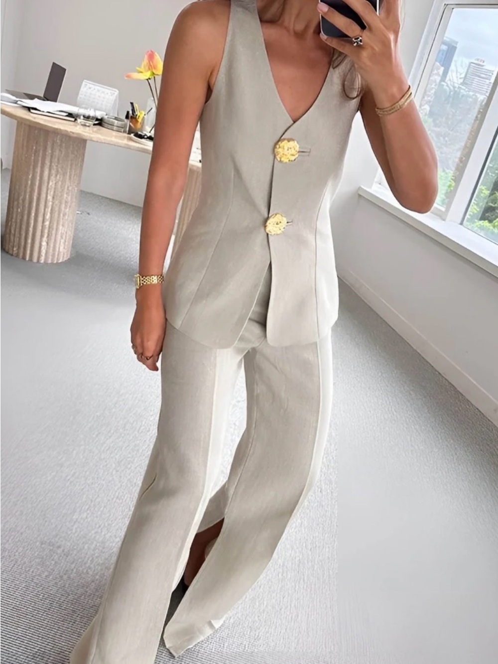 Button Split Sleeveless Pants Set
